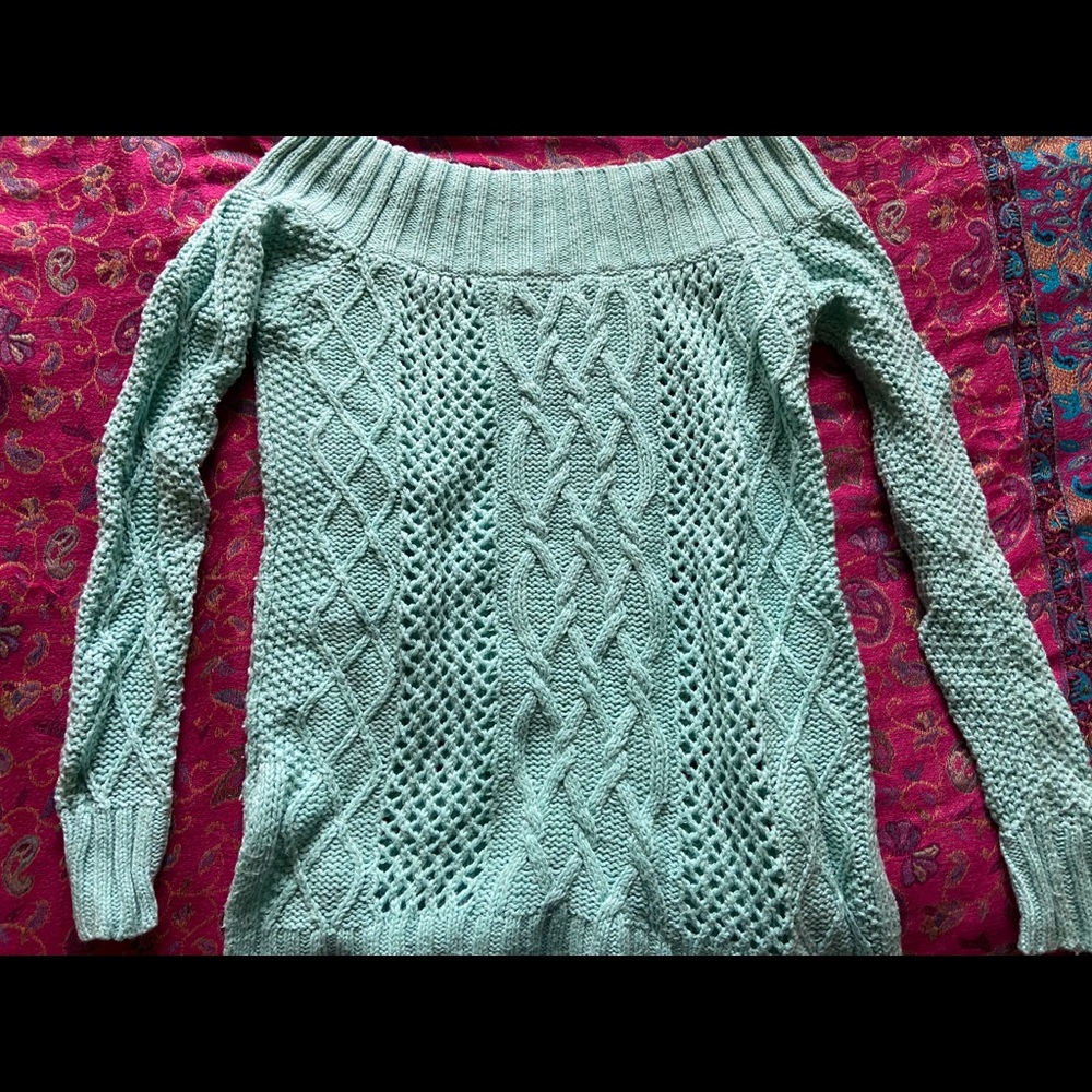 Tiffany blue chunky knit off the shoulder sweater